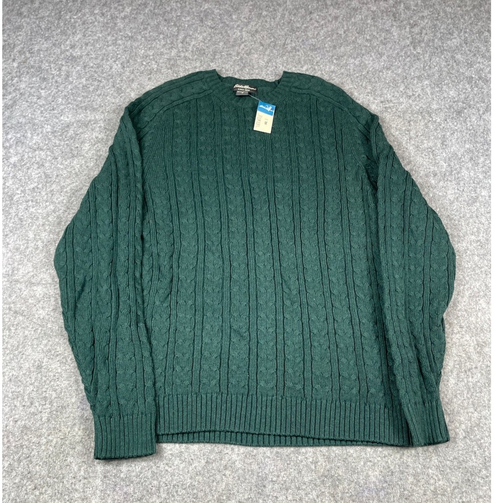 VTG Eddie Bauer Mens Forest Green Cable Knit Cotton Crew Neck Sweater NWT Med